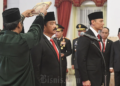 Proses pelantikan Agus Harimurti Yudhoyono (AHY) sebagai Menteri ATR/BPN yang baru menggantikan Hadi Tjahjanto. [Foto: bisnis.com]